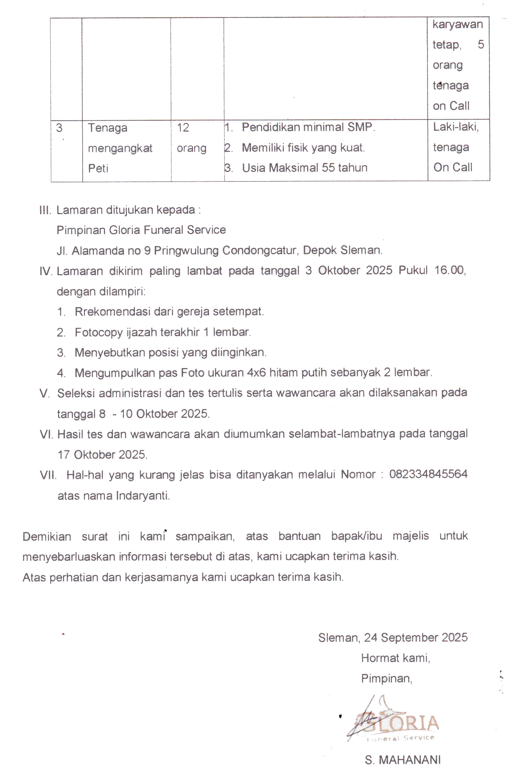 lowongan gloria funeral service
